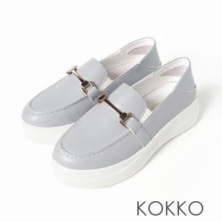 【KOKKO 集團】極度舒適全真皮透氣可後踩厚底休閒鞋(灰藍色)