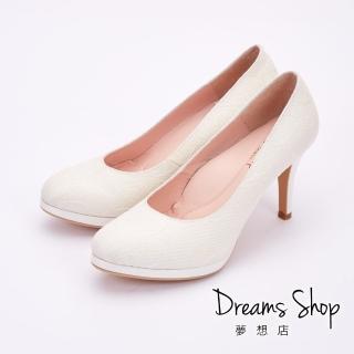 【DREAMS SHOP】MIT真皮減壓蝴蝶壓紋防水台氣墊高跟鞋9cm 白色(大尺碼女鞋 婚鞋 晚宴會)