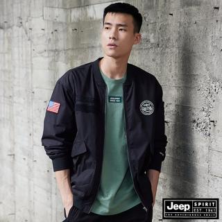 【JEEP】軍風LOGO徽章寬版飛行外套-男女適穿(黑色)