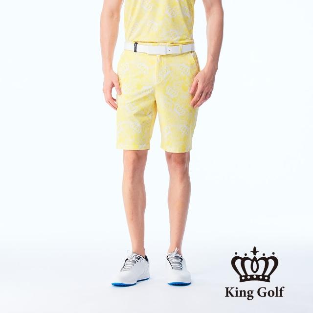 【KING GOLF】男款皇冠底紋印花KG燙標彈性高爾夫球短褲(黃色)