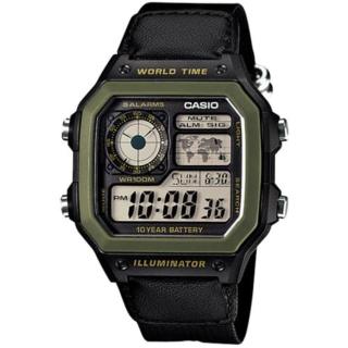 【CASIO 卡西歐】復古休閒風十年電力數位尼龍腕錶/黑x綠框(AE-1200WHB-1BVDF)