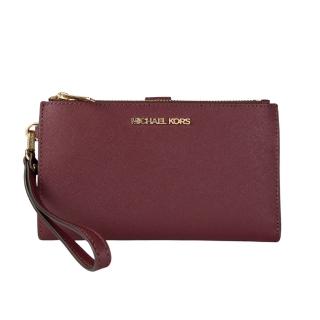 【Michael Kors】雙拉鍊防刮皮革金色字母手拿手機長夾(酒紅)