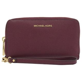 【Michael Kors】新版金屬LOGO手提式拉鍊手機袋零錢中夾(酒紅)