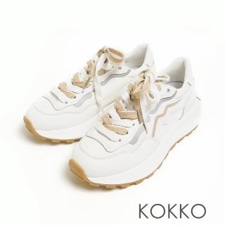 【KOKKO 集團】真皮寬板拼接綁帶老爹厚底休閒鞋(白X卡其)