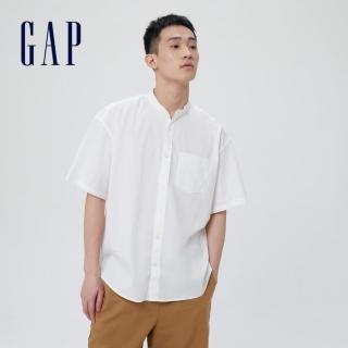 【GAP】男裝 休閒商務立領短袖襯衫(875771-白色)