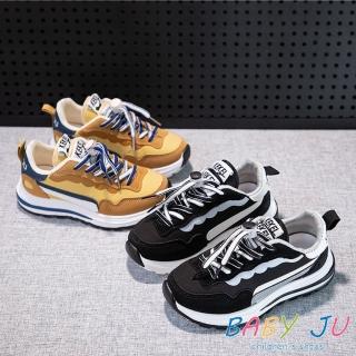 【BABY Ju 寶貝啾】男女款條紋繫帶軟底運動童鞋(現+預  黑色 / 黃色)