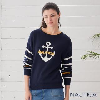 【NAUTICA】女裝船錨圓領長袖針織衫(深藍)