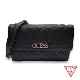 【GUESS】女包-純色皮質三角斜紋鏈袋包-黑(LE846221BLA)