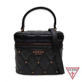 【GUESS】女包-純色皮質菱格珠寶蓋手提包-黑(QS855377BLA)