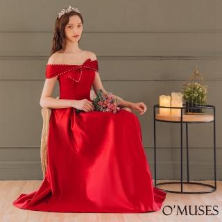 【OMUSES】一字領珍珠紐結紅色訂製長禮服19-F28(S-3L)