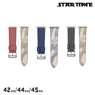 【STAR TIME】Apple Watch 42/44/45mm 經典花紋 雙色單邊花紋 銀扣 皮革錶帶(STA-42/44/45)
