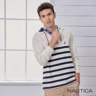 【NAUTICA】男裝潮流品牌LOGO條紋長袖帽TEE(白)