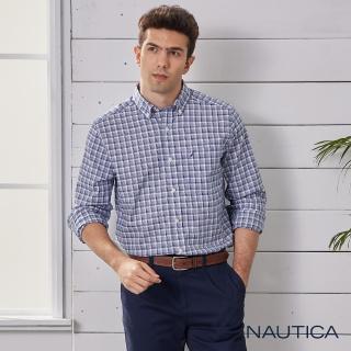 【NAUTICA】男裝簡約格紋長袖襯衫(藍)