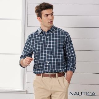 【NAUTICA】男裝經典格紋長袖襯衫(藍綠色)