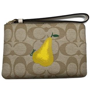 【COACH】經典緹花淺咖啡LOGO拉鍊手提包零錢手拿包(coach 淺咖啡色 C9590)