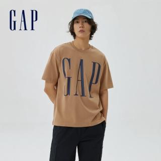 【GAP】男女同款 厚磅密織 水洗棉系列 Logo亮色寬鬆短袖T恤(839897-駝色)