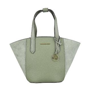 【Michael Kors】MICHAEL KORS  Portia金字LOGO牛皮拼接麂皮開口式手提/肩背托特包(小/軍綠)