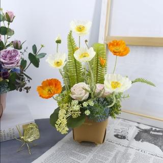 【HUGO DECO 榆果傢飾】橘白虞美人皮革盆香氛花藝(擬真花/香氛/花禮)