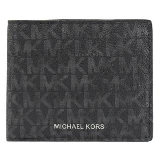 【Michael Kors】經典MK印花拼接雙層4卡零錢短夾(黑灰)