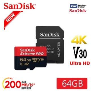 【SanDisk 晟碟】(極速升級 全新版) 64GB ExtremePRO A2 記憶卡 附SD轉卡(高速讀取200MB/s 原廠永久保固)