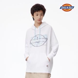 【Dickies】男款白色純棉電路板印花寬鬆連帽大學T｜DK011043C4D