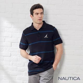 【NAUTICA】男裝 LOGO條紋短袖POLO衫(黑色)