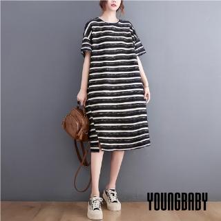 【YOUNGBABY】圓領立體橫紋坑條下開叉洋裝(共2色)