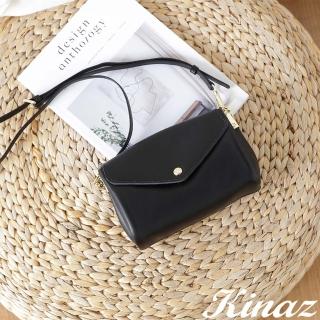 【KINAZ】牛皮多層風琴掀蓋斜背包-夜暮黑-微光沙灘系列