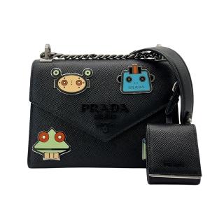 【PRADA 普拉達】機器人徽章牛皮肩背斜背二用包(1BD127-黑)