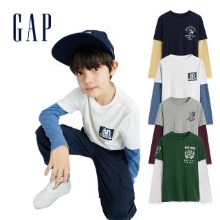 【GAP】男童 純棉正反印花長袖T恤(881334-白色)