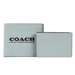 【COACH】專櫃款 壓印荔枝紋皮革短夾 附獨立證件夾(水藍)