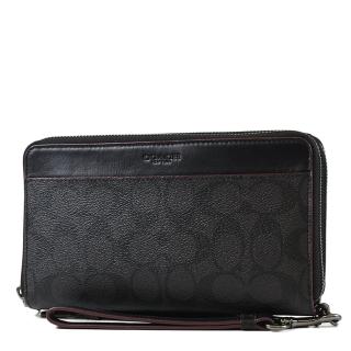 【COACH】男款 緹花LOGO防刮皮革手提雙層拉鍊商務手提/手拿包-黑色