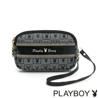 【PLAYBOY】雙層零錢包附手挽帶 Square方格兔緹花系列(藍色)
