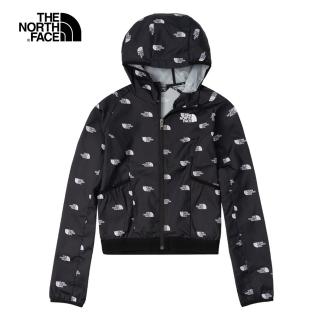 【The North Face】北面兒童黑色防風防潑水滿版LOGO印花連帽外套｜7WQ399G