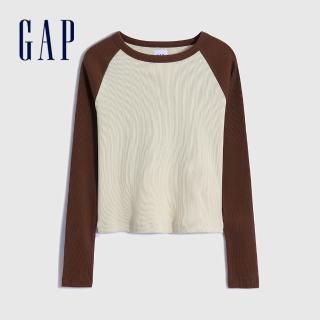 【GAP】女裝 女友T系列 純棉羅紋針織緊身短版長袖T恤(450802-棕色拼接)