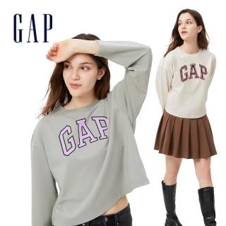 【GAP】女裝 厚磅密織 水洗棉系列 Logo長袖T恤(445769-米色)