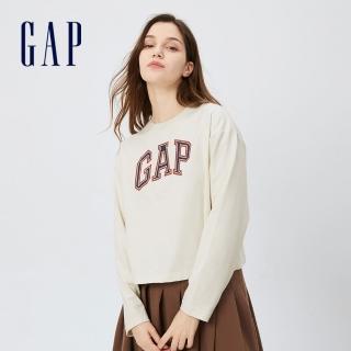 【GAP】女裝 厚磅密織 水洗棉系列 Logo長袖T恤(445769-灰白色)