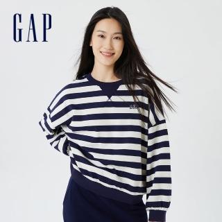 【GAP】女裝 碳素軟磨 法式圈織系列 Logo條紋休閒上衣(445498-藍白條紋)