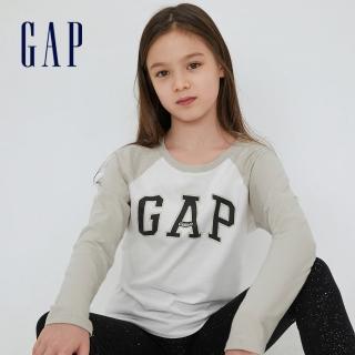【GAP】女童 Logo純棉插肩長袖T恤(434998-白色)