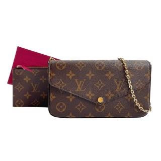 【Louis Vuitton 路易威登】Pochette Felicie 字花帆布鍊帶斜揹/手拿包(M61276-咖)