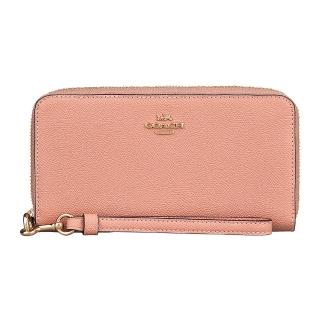 【COACH】COACH金屬字母LOGO荔枝紋防刮牛皮12卡拉鍊長夾(貝殼粉)