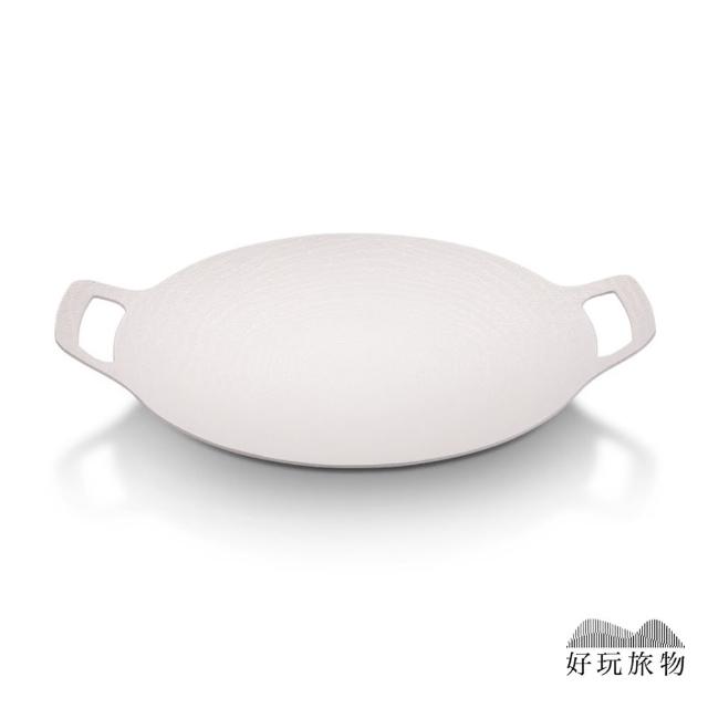 【好玩旅物】38cm_輕量薄型韓式麥飯石圓形雙耳不沾鍋露營燒烤盤(附收納袋｜瓦斯電磁爐通用 無煙煎炒燒烤肉)