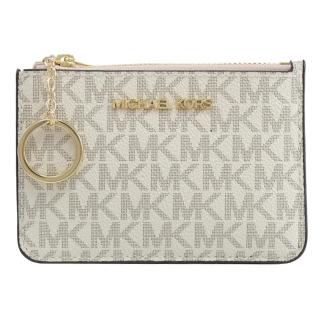 【Michael Kors】滿版MK LOGO信用卡證件鑰匙圈零錢包(白粉)