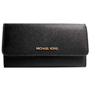 【Michael Kors】JET SET TRAVEL  金標防刮17卡釦式後拉鍊中長夾-優雅黑(mk 黑色 多卡)