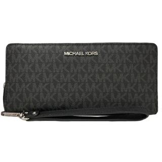 【Michael Kors】JET SET TRAVEL 銀字LOGO滿版防刮拉鍊手拿可拆大長夾-雅典黑/灰(mk 黑色 35h8stvt3b)