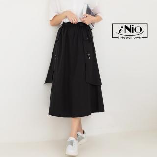 【iNio 衣著美學】黑色 拼接設計 鬆緊腰 長裙-現貨快出★C2W2178