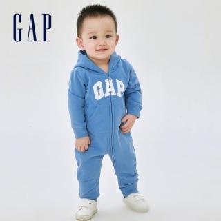 【GAP】嬰兒 碳素軟磨系列 Logo刷毛長袖連身包屁衣(446141-藍色)
