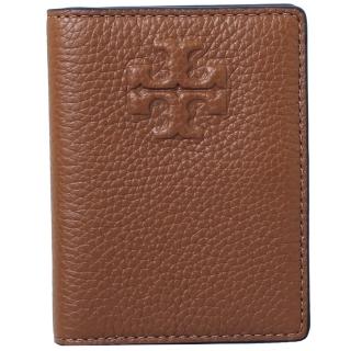 【TORY BURCH】THEA 經典縫線LOGO荔枝紋皮革名片夾(質感咖)
