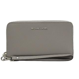 【Michael Kors】新版金屬LOGO手提式拉鍊手機袋零錢中夾(珍珠灰)