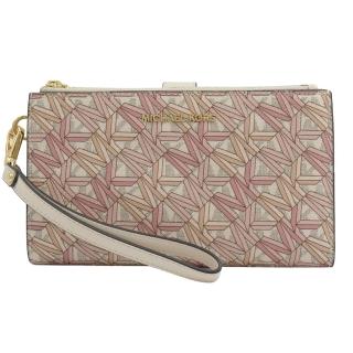 【Michael Kors】新版幾何MK LOGO印花手提式雙拉鍊手機長夾(白粉)